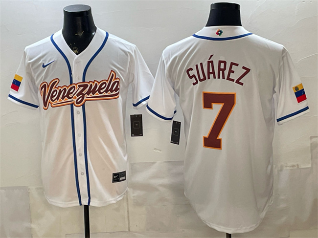 Men's Venezuela Baseball #7 Eugenio Suárez White 2026 World Baseball Classic Home Stadium Stitched Jersey
